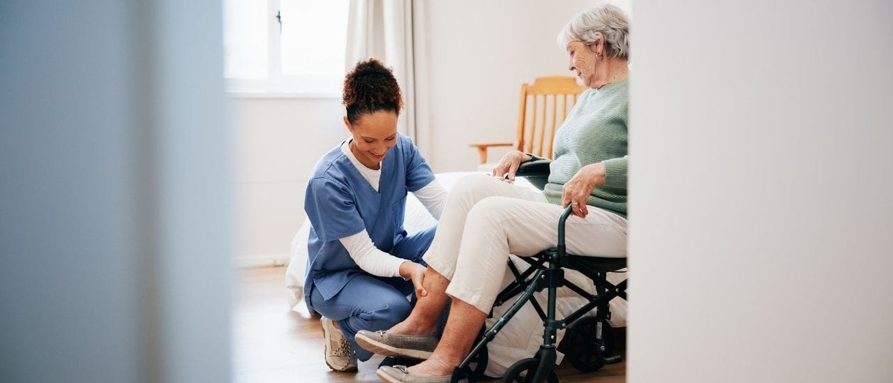 Care worker supporting an elderly person with personal care at home, promoting dignity and independence.