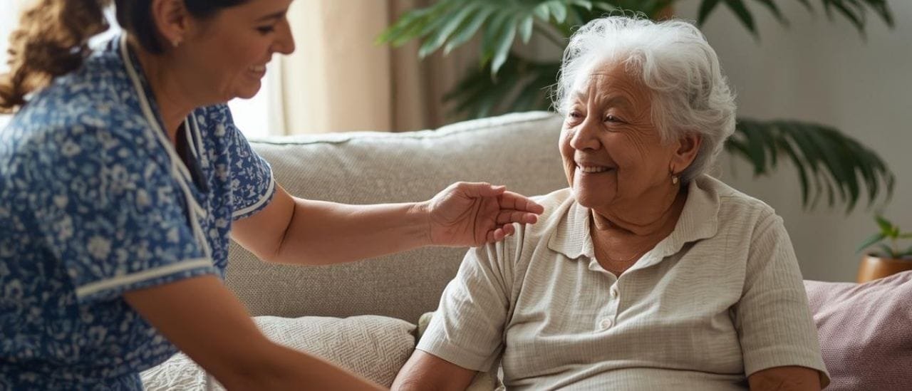 Care worker supporting an elderly individual while a family carer takes a break, ensuring continuity of care.